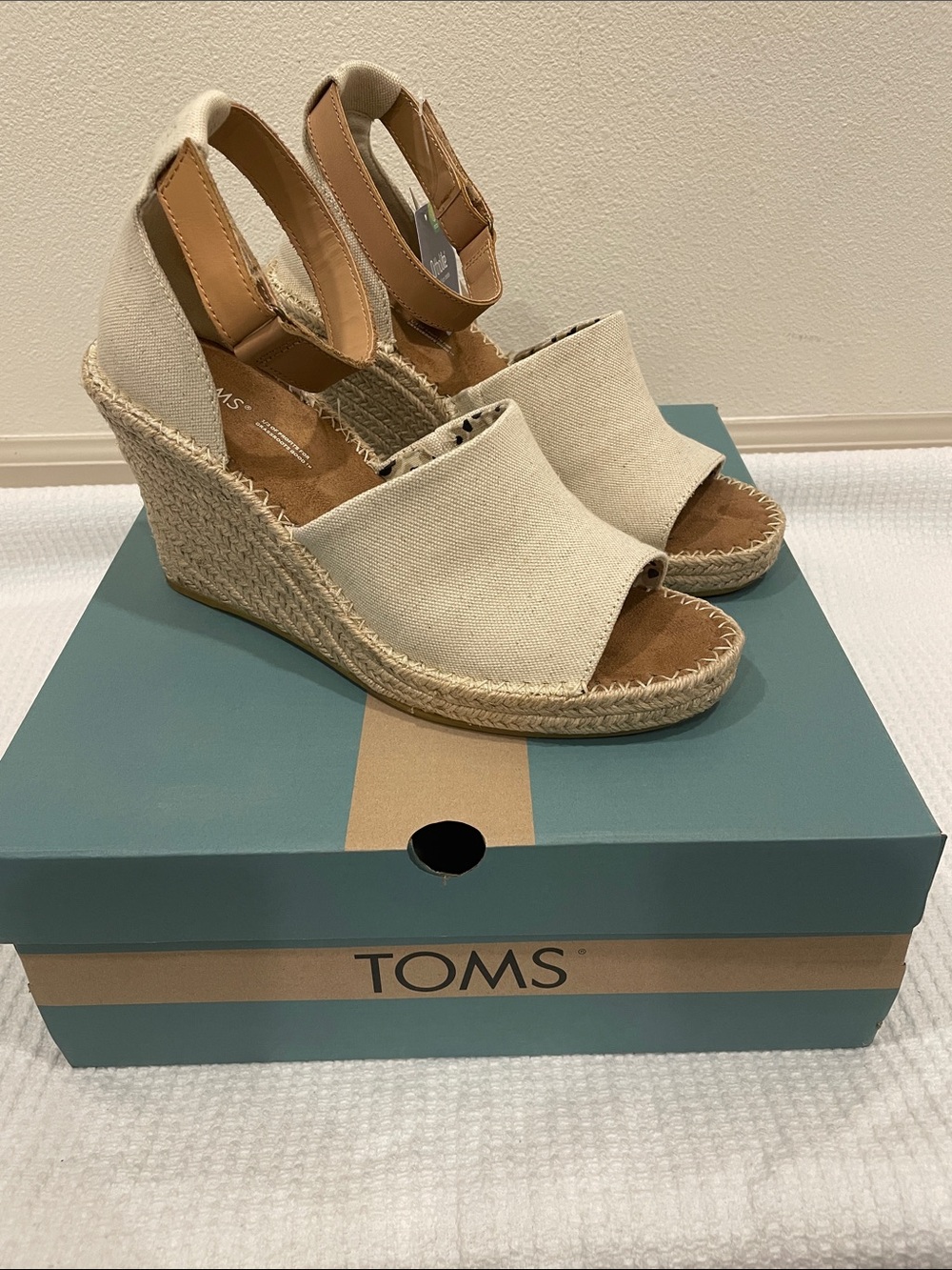 TOMS Cream Canvas Espadrille Wedge Sandals with Tan Ankle Strap